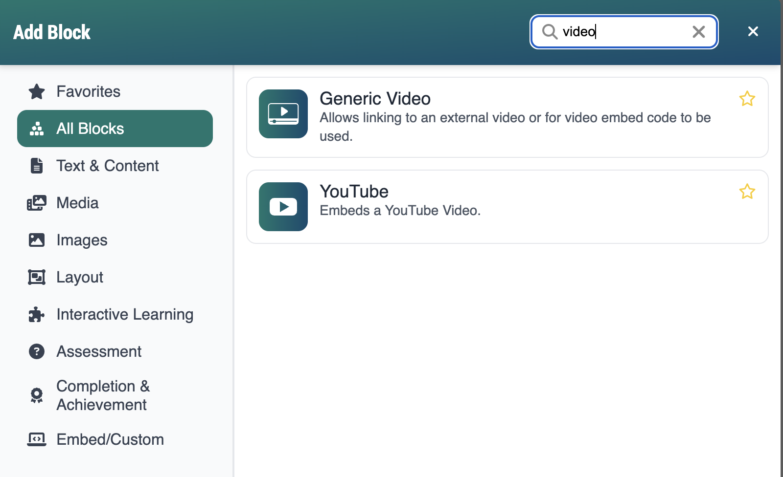 screenshot of list of blocks with video blocks showing
