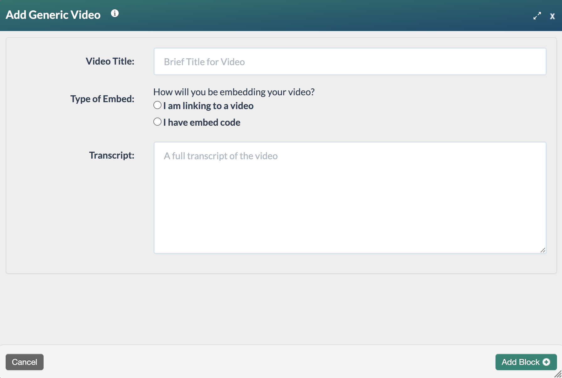 screenshot of a blank Add Generic Video form
