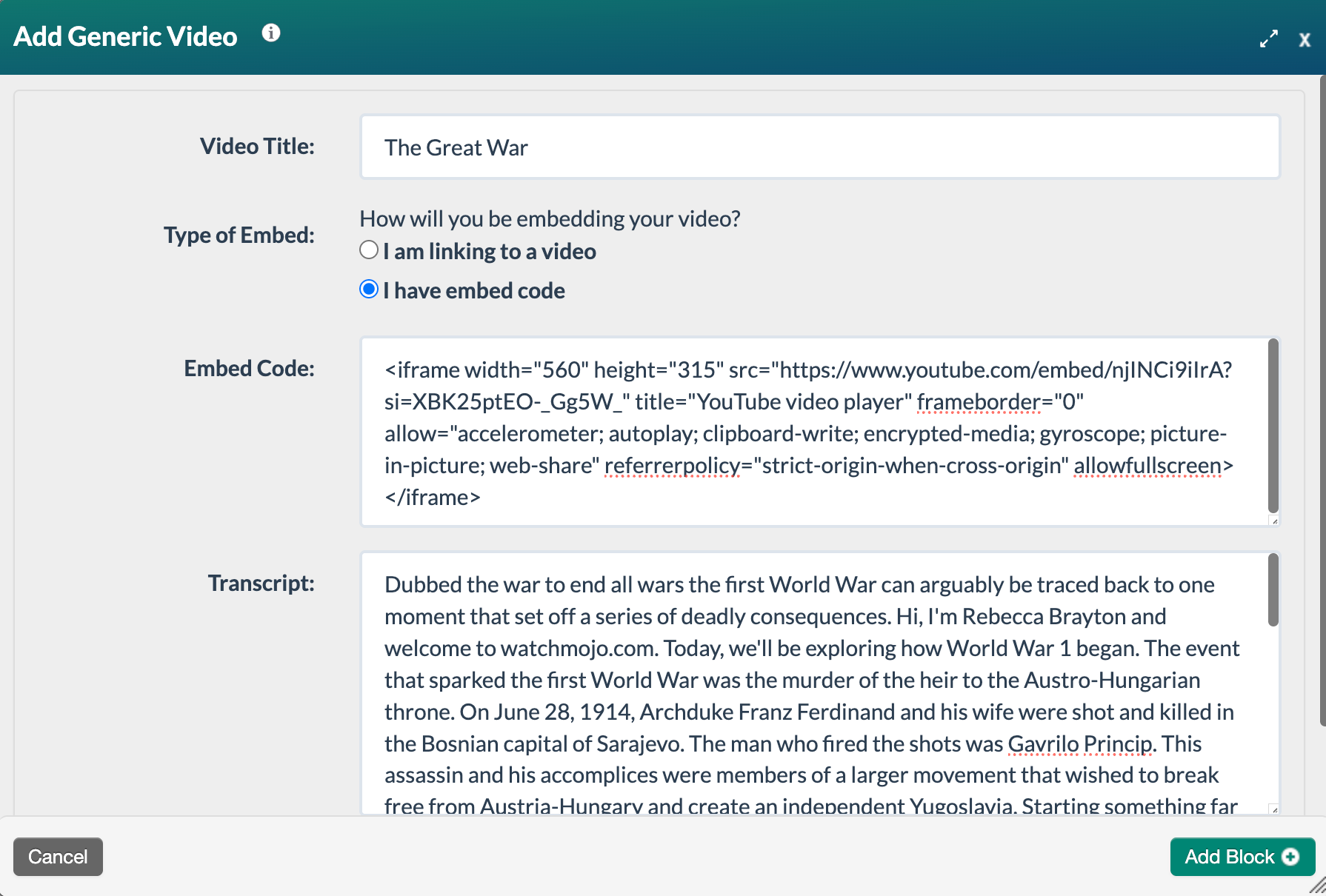 screenshot of the completed Add Generic video form using embed code