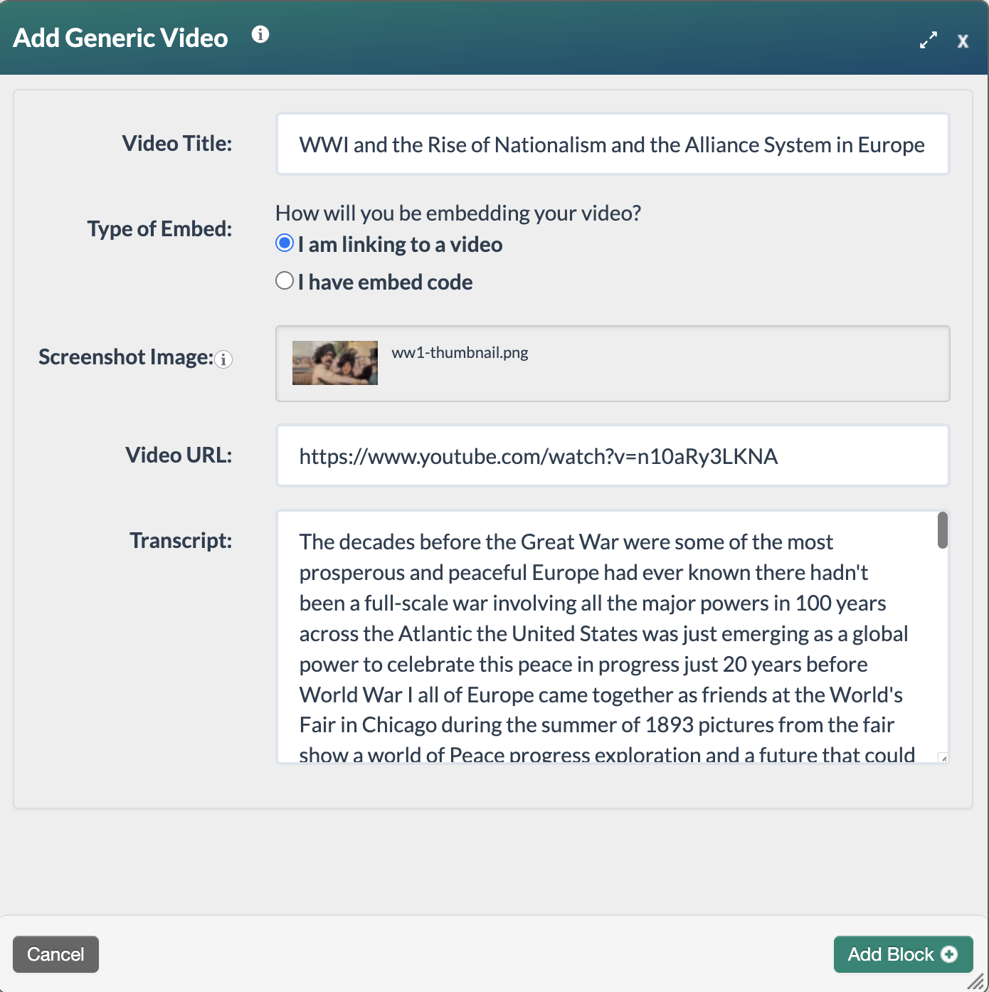 screenshot of the completed Add Generic video form using a link