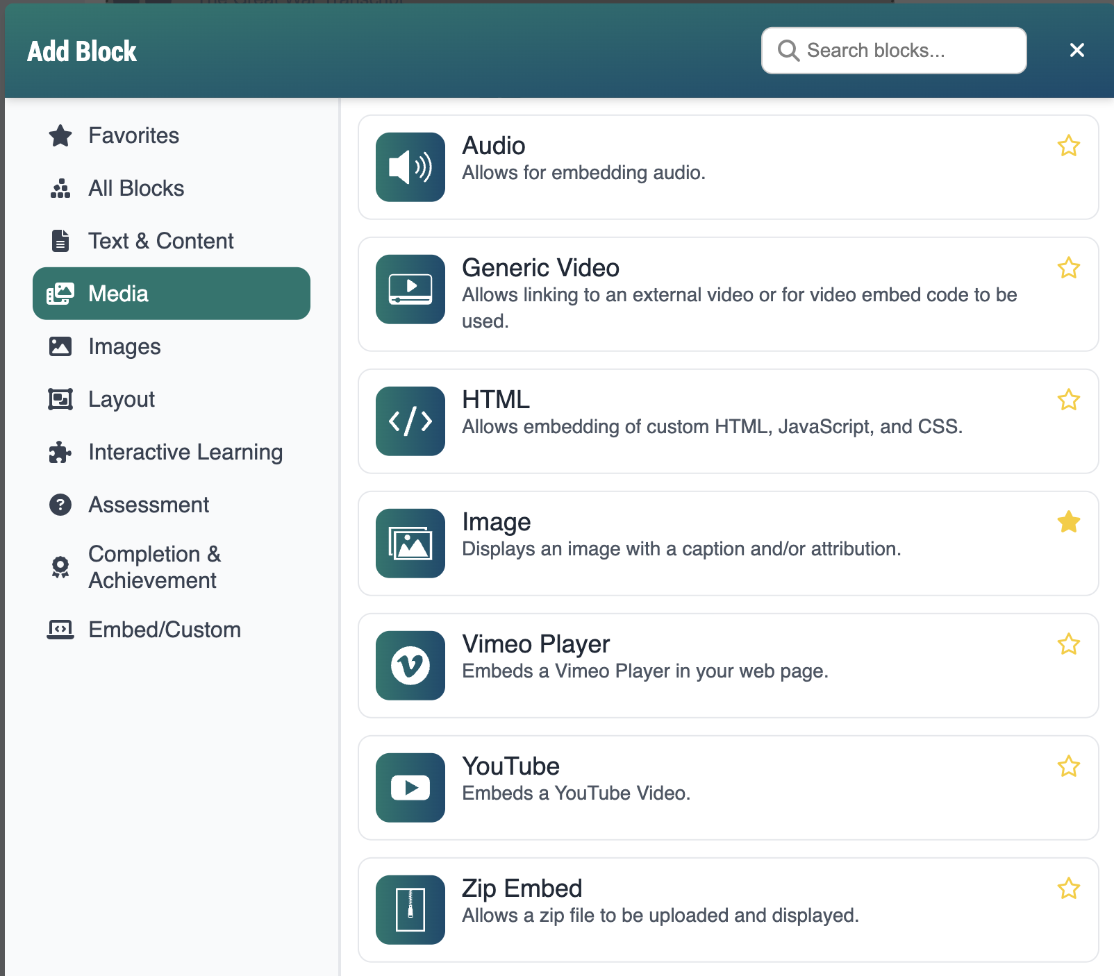 screenshot of list of blocks with audio block showing