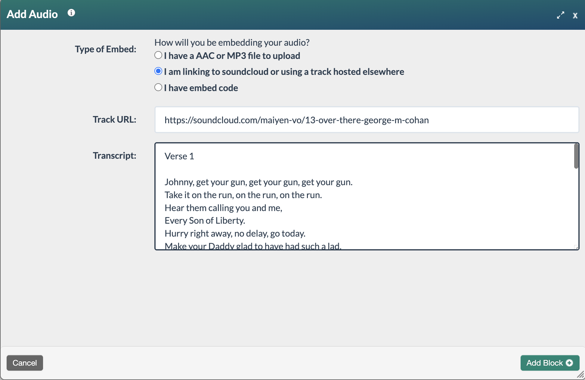 screenshot of a completed audio form using an audio link