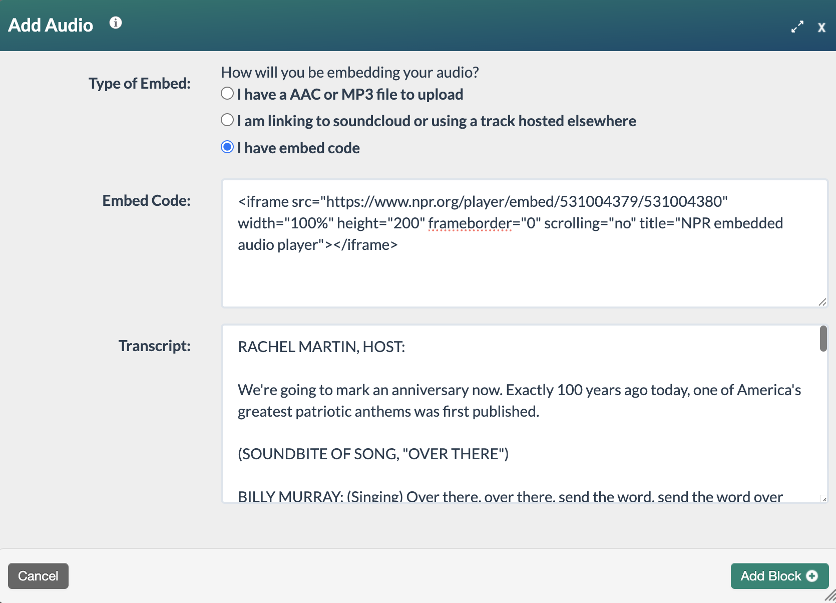 screenshot of a completed audio form using embed code