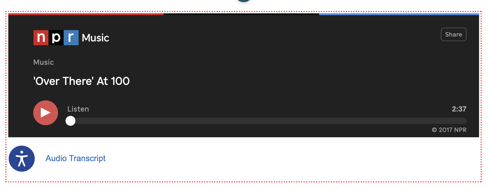 screenshot of audio in edit mode using embed code