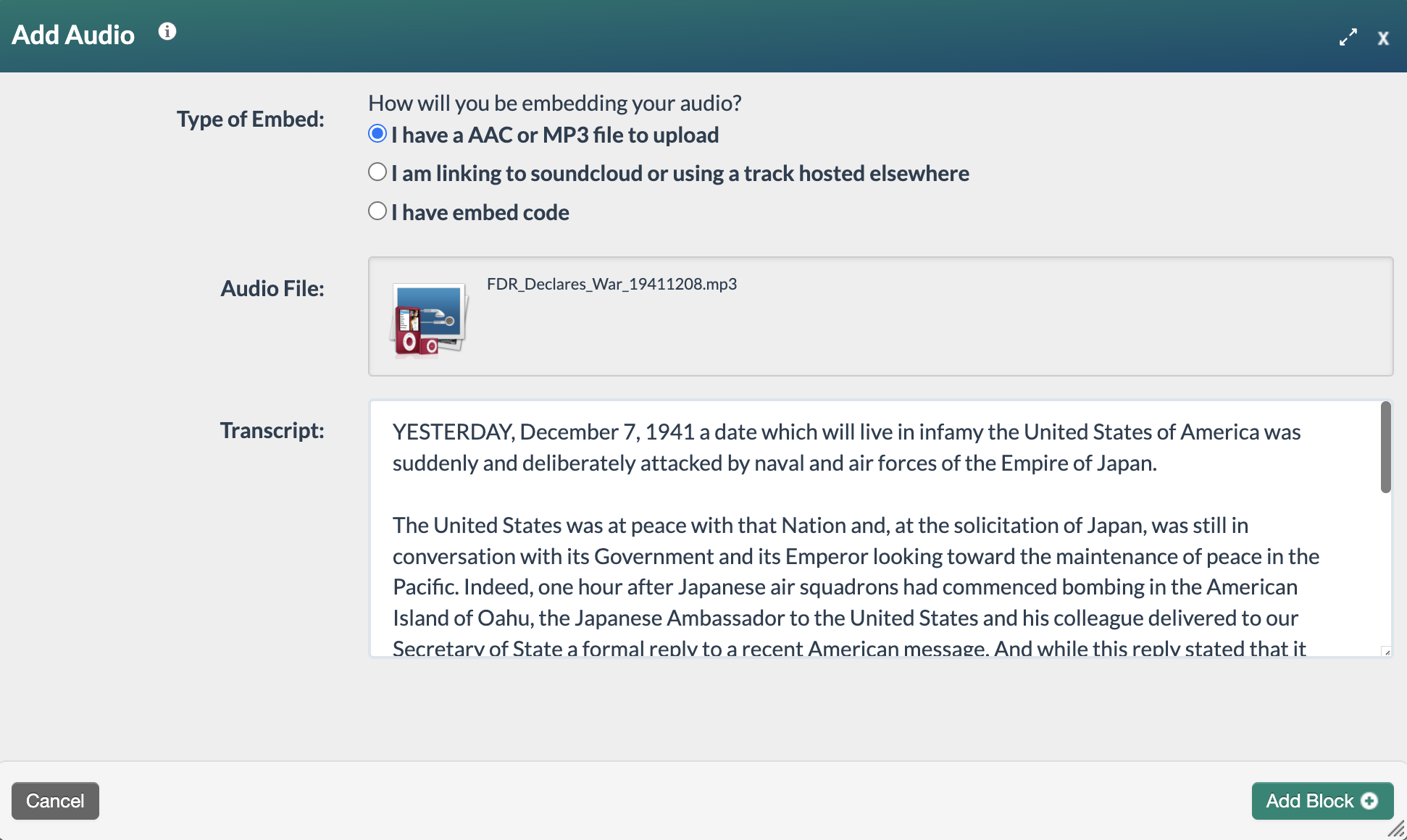 screenshot of a completed audio form with an uploaded file