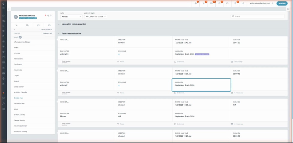 Contact Hub timeline showing the call attributed to the campaign