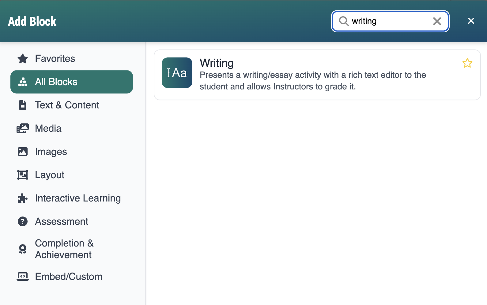 Screenshot of Add Block modal, displaying the writing block