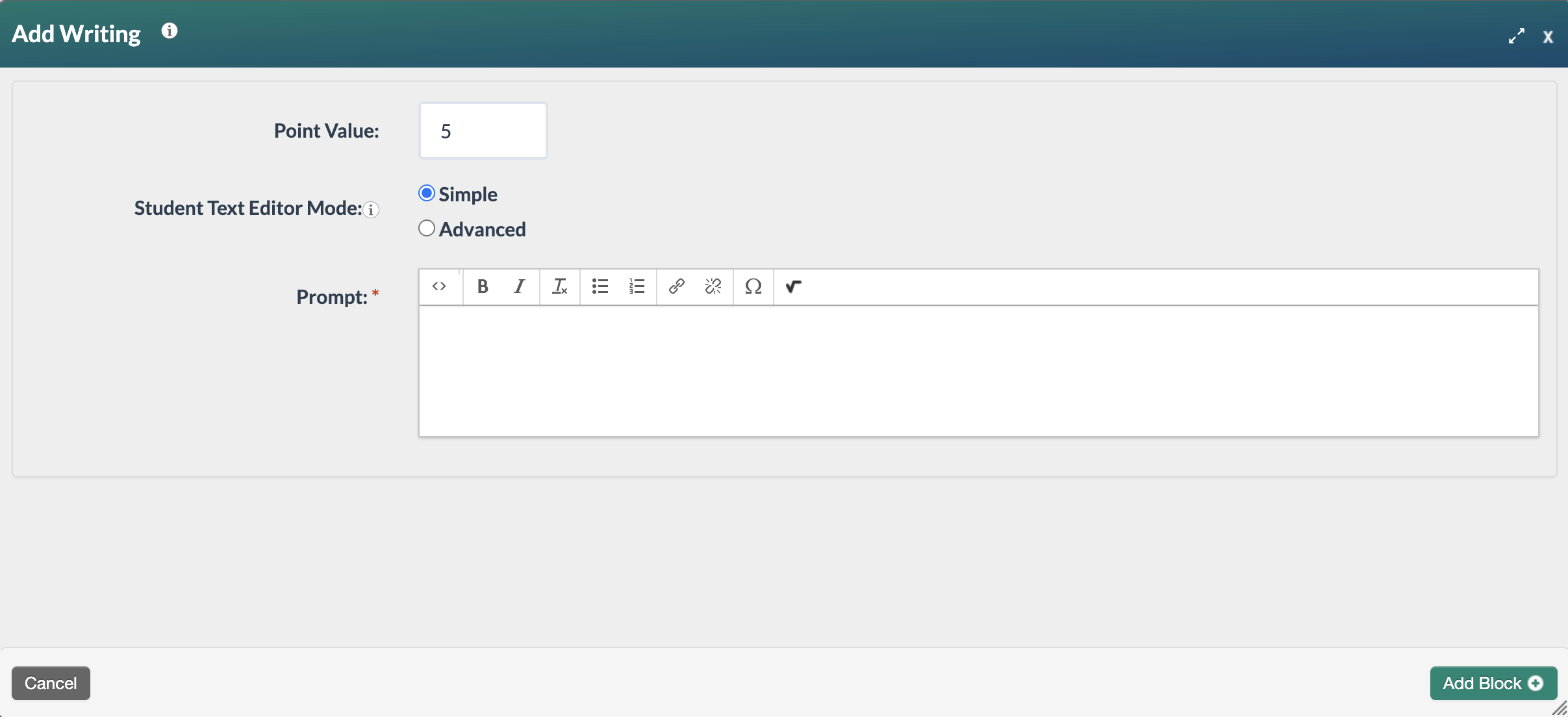 Screenshot of the Add Writing blank form