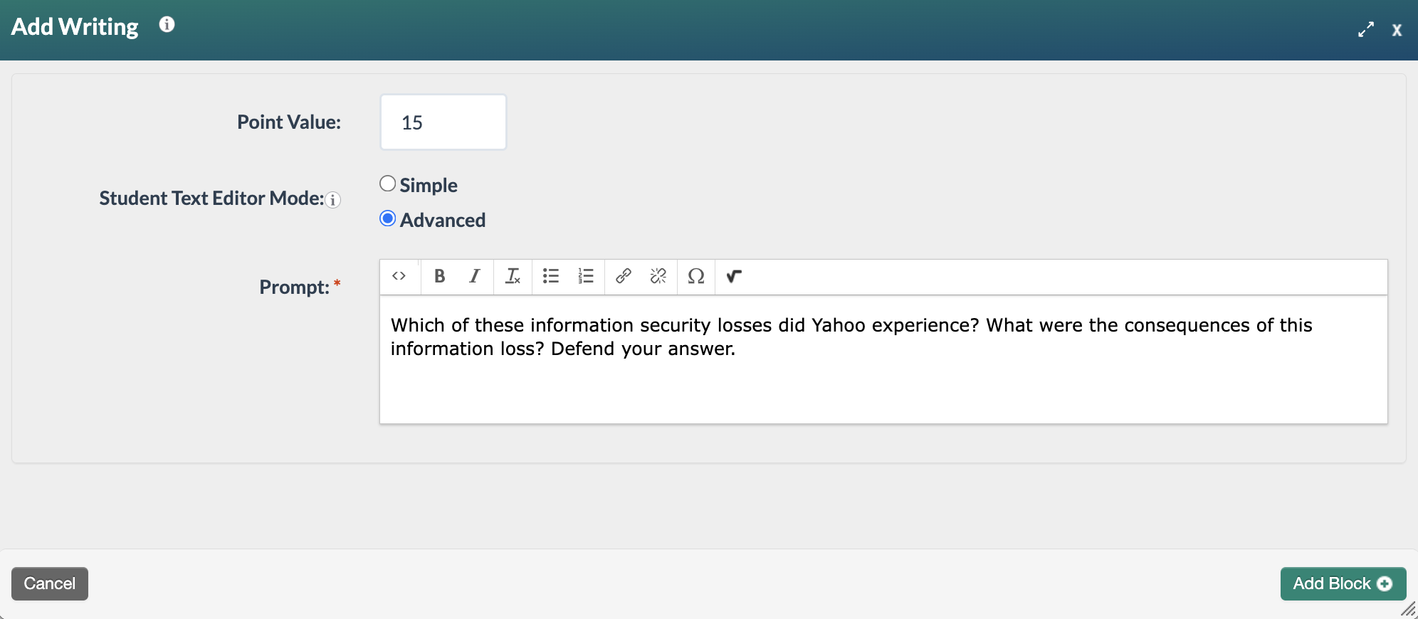 screenshot of the writing form completed 