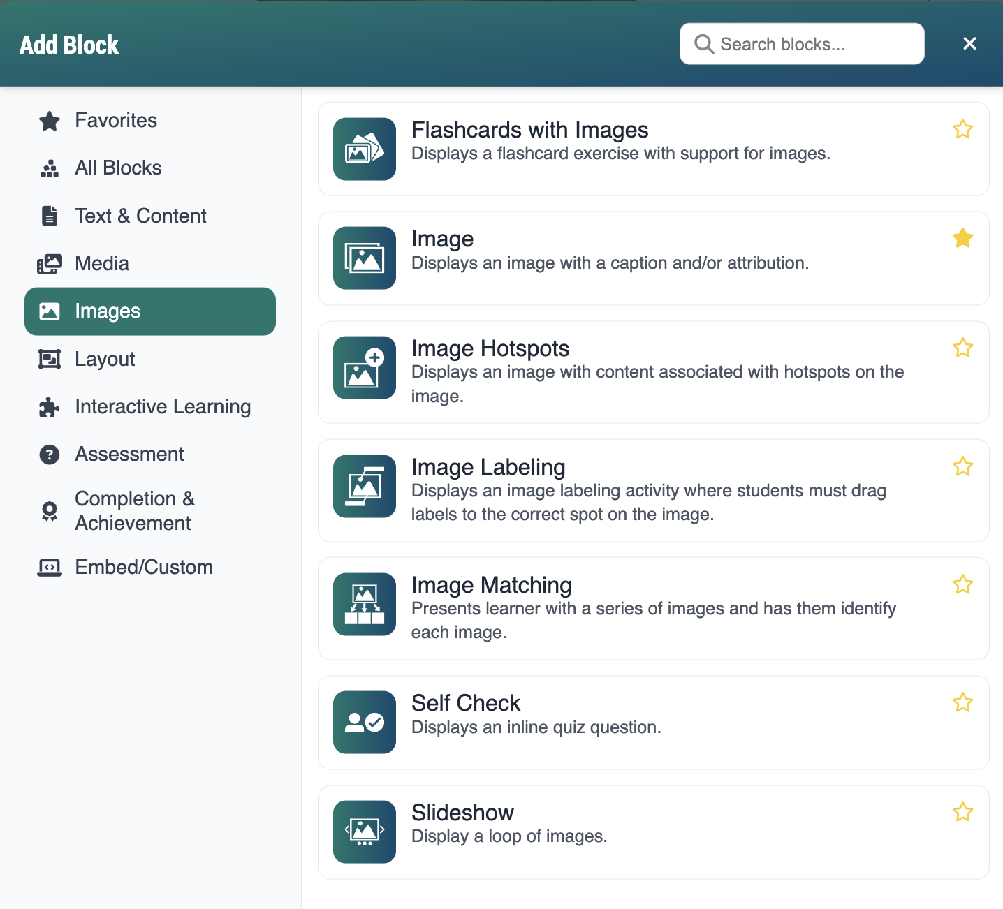 Screenshot of Add Block modal, displaying image blocks including slideshow