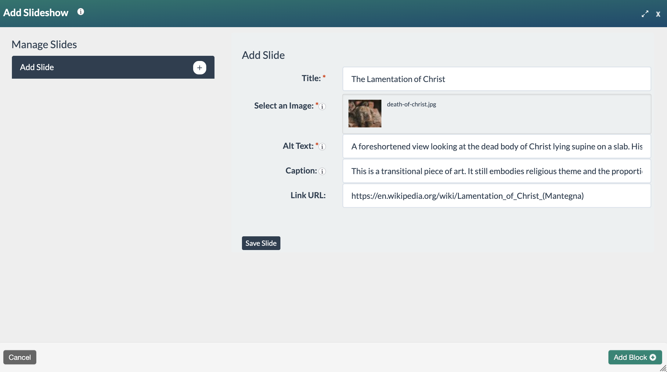 screenshot of the slideshow block with all the required slide fields completed