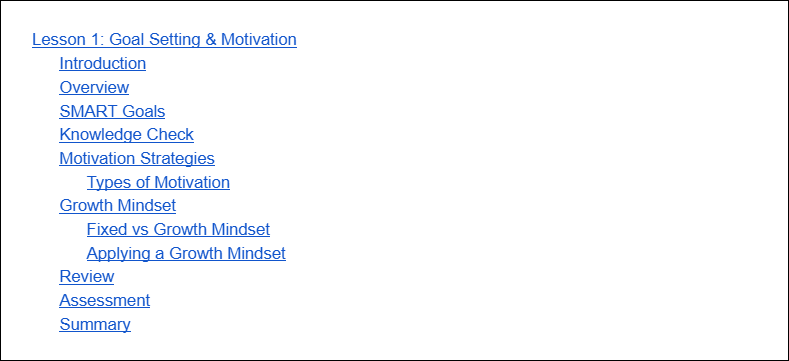 Screenshot showing an automated table of contents in Google Docs