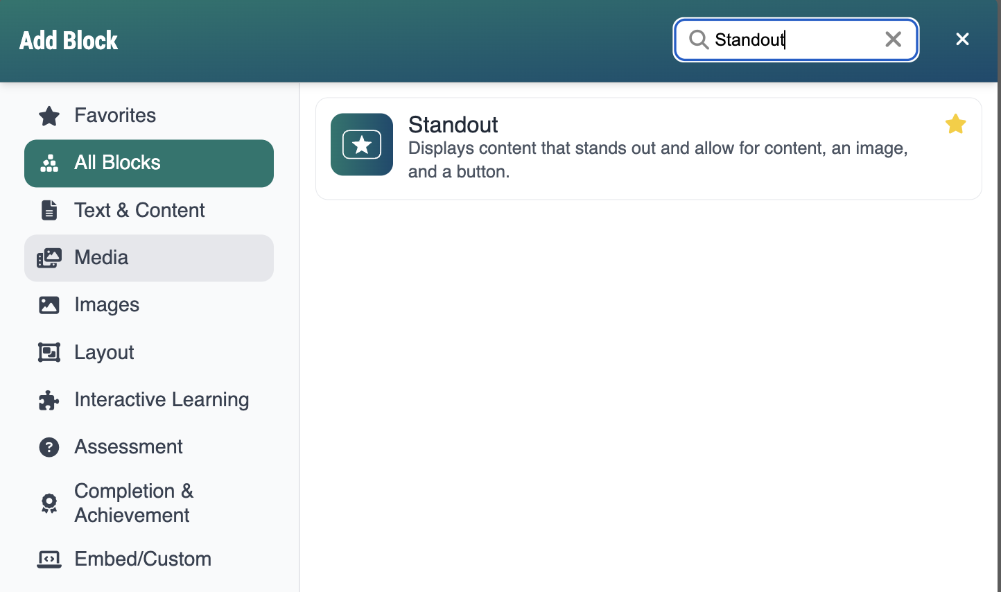 Screenshot of Add Block modal, displaying the standout block