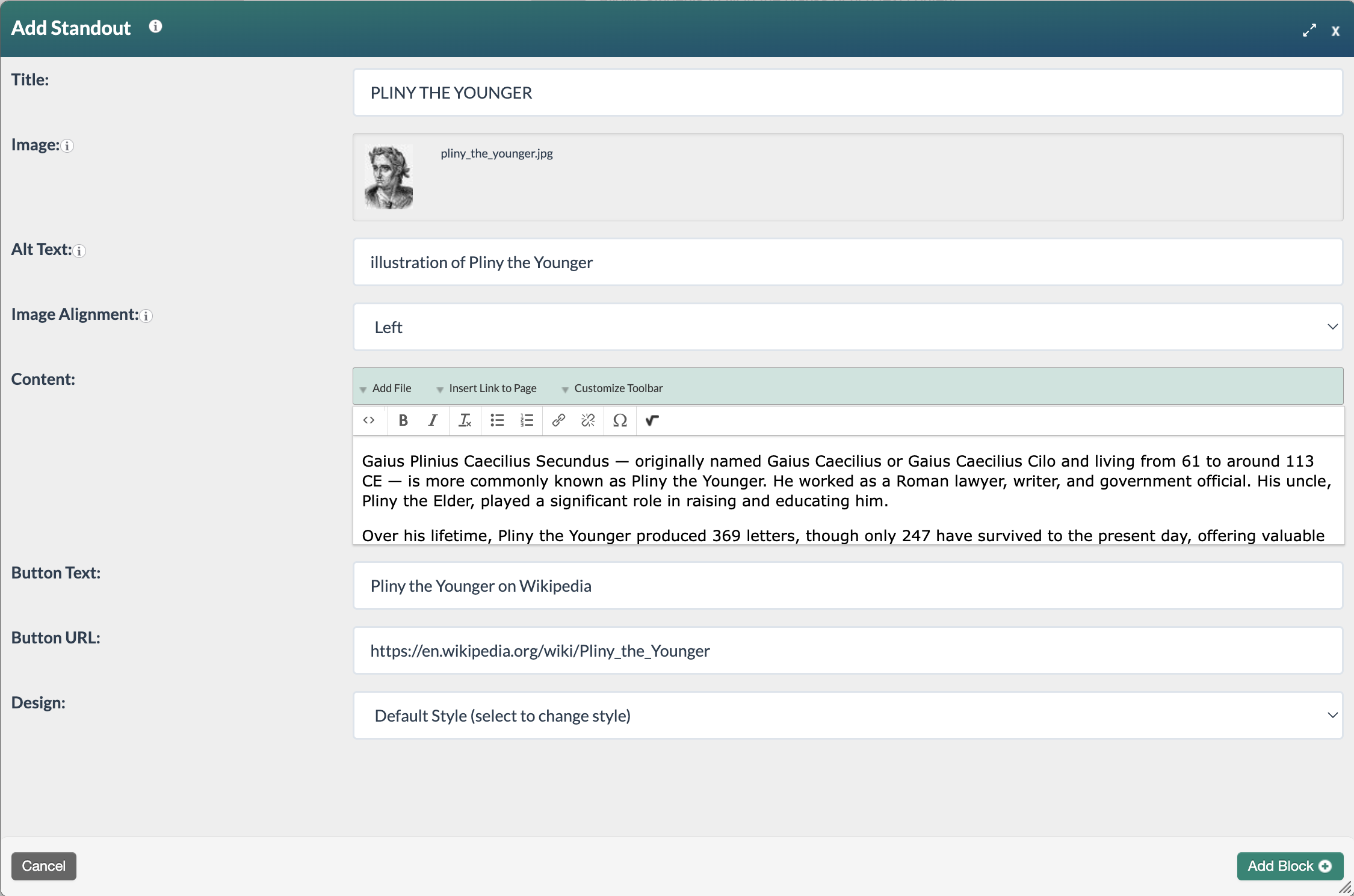 screenshot of a completed Standout Block form
