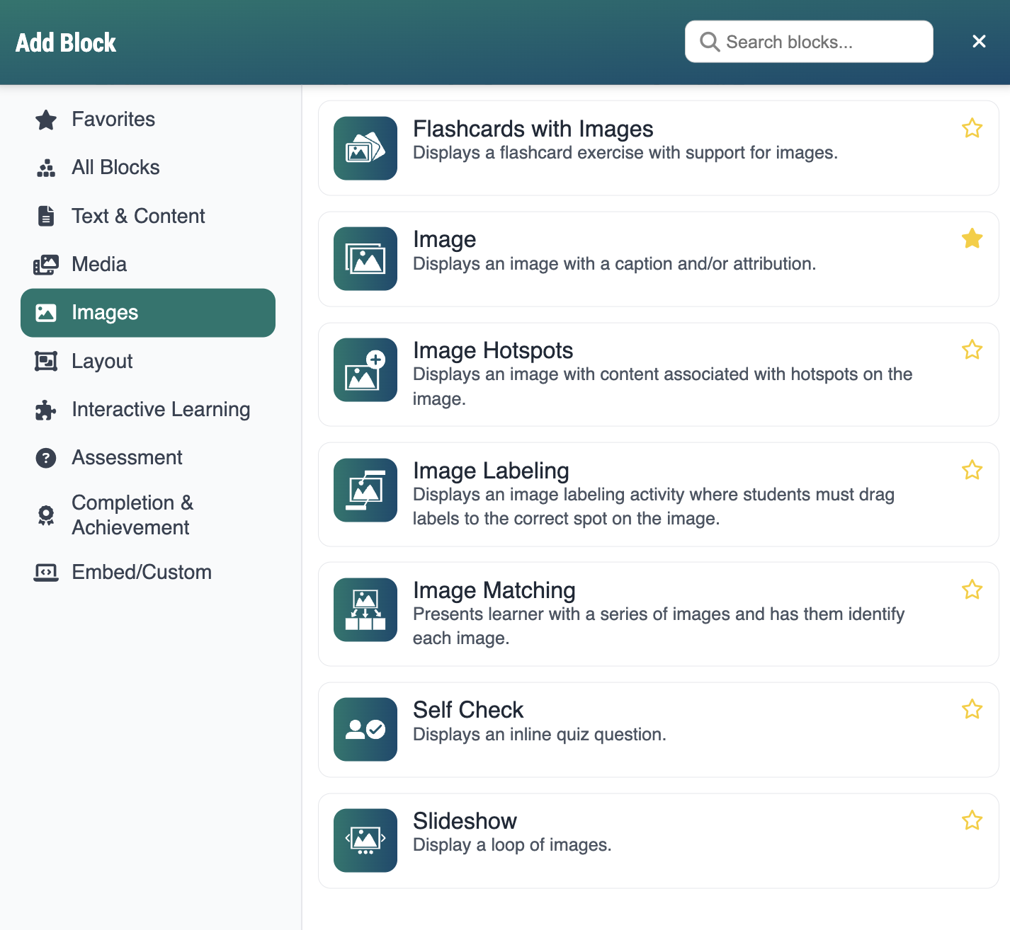 Screenshot of Add Block modal, displaying image blocks including image matching