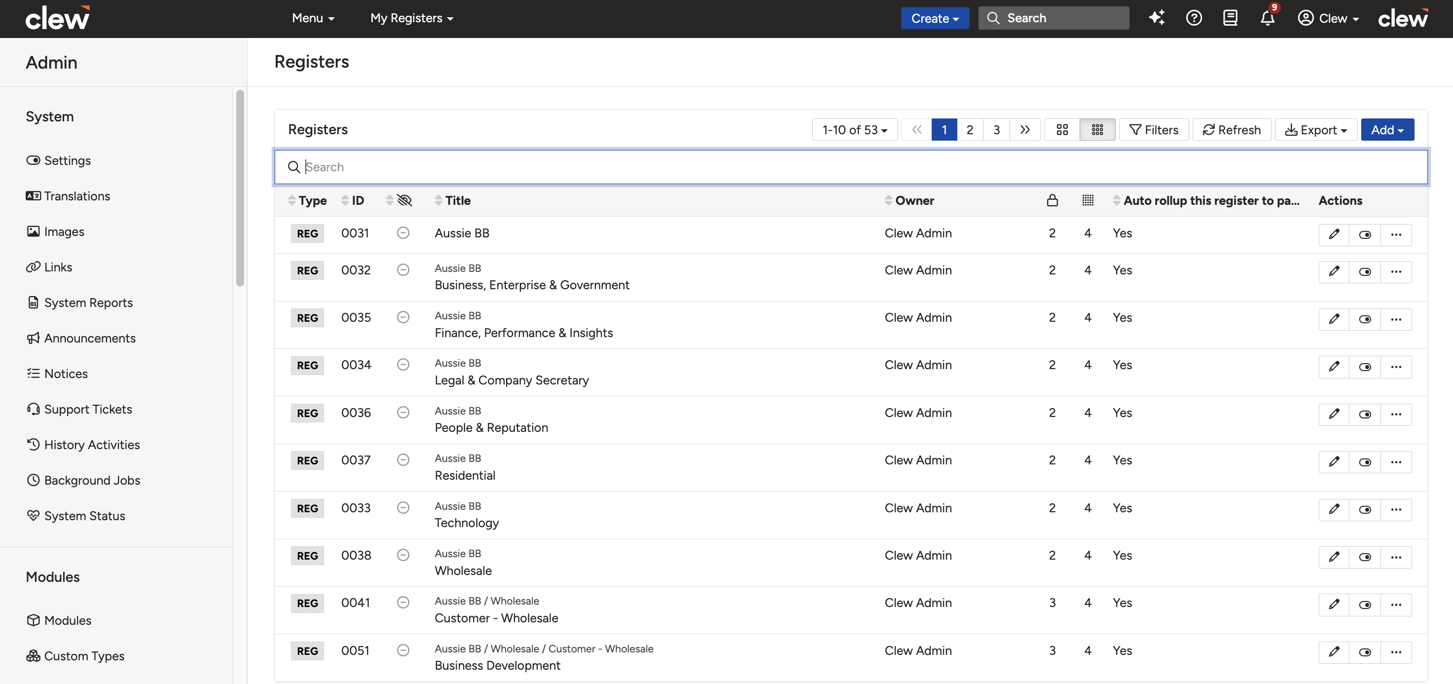 The Registers list in Admin with the Add button