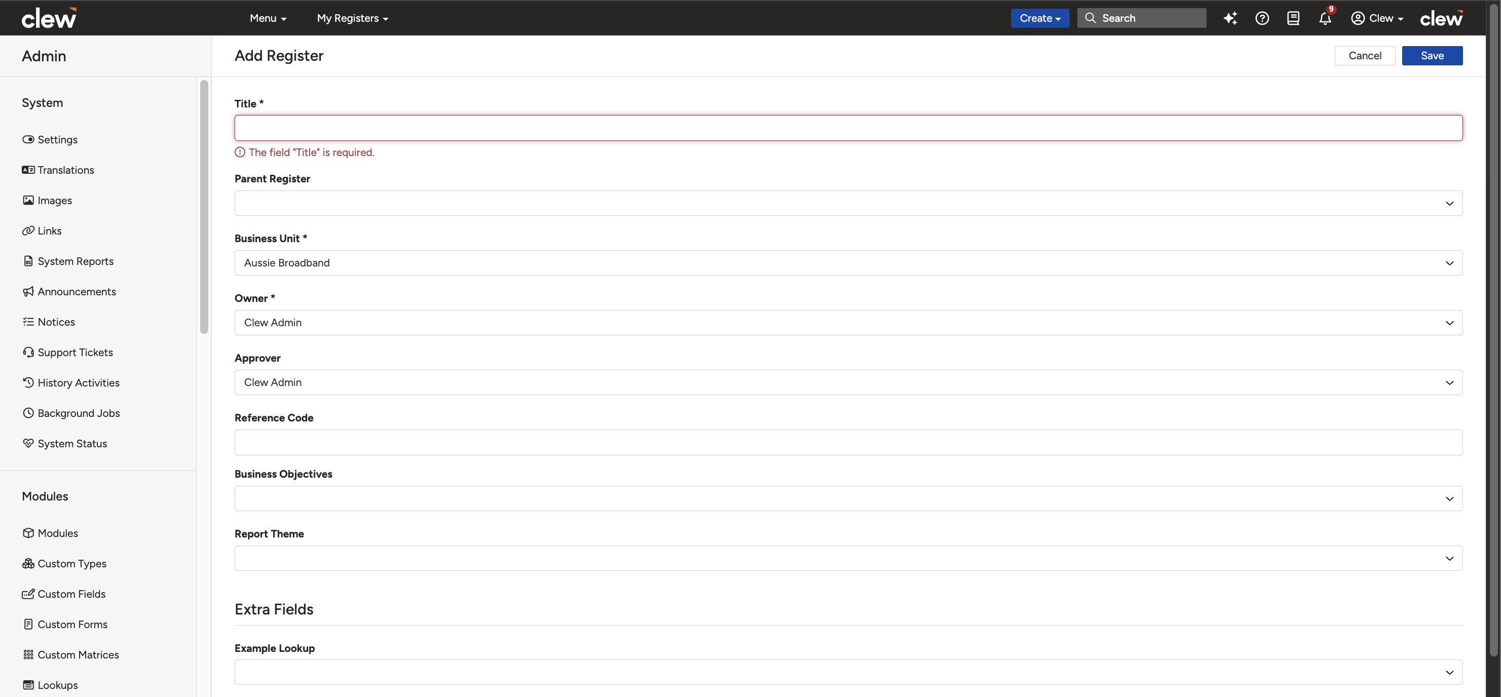 The new register form showing the Title, Parent Register, Sensitivity, and other configuration fields