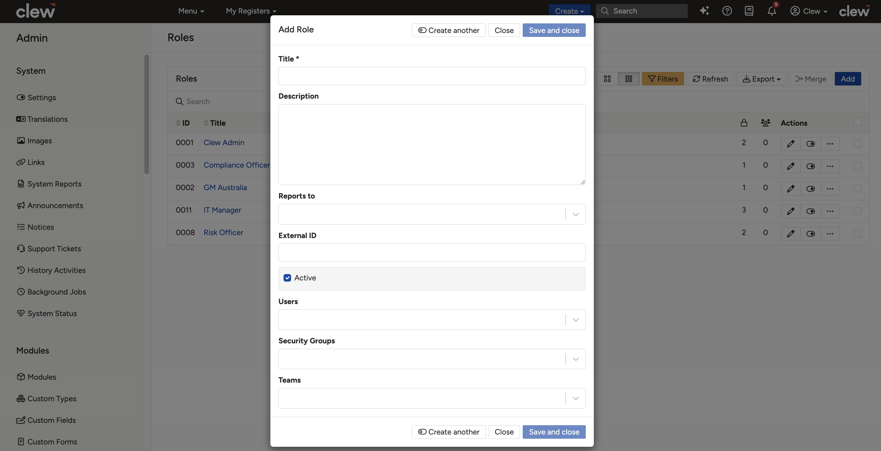 The Add Role form showing the Title, Description, Reports To, and other fields listed in the table above