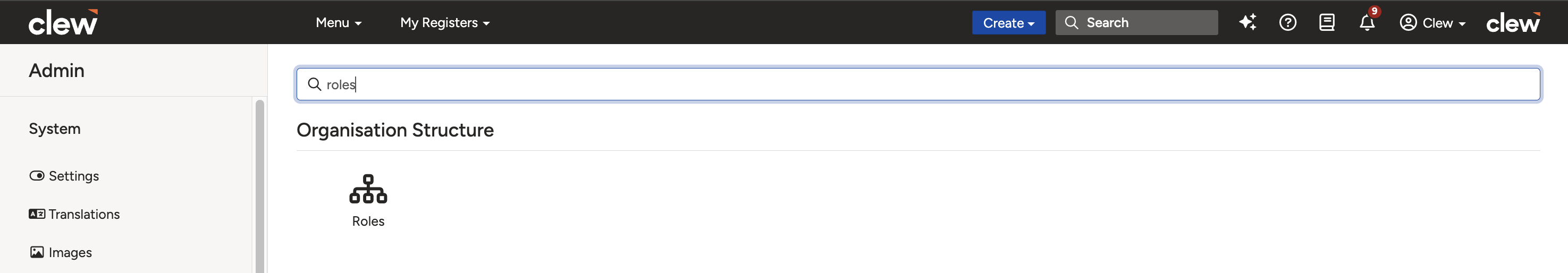 The Admin search box with Roles entered and the Roles icon shown in the results