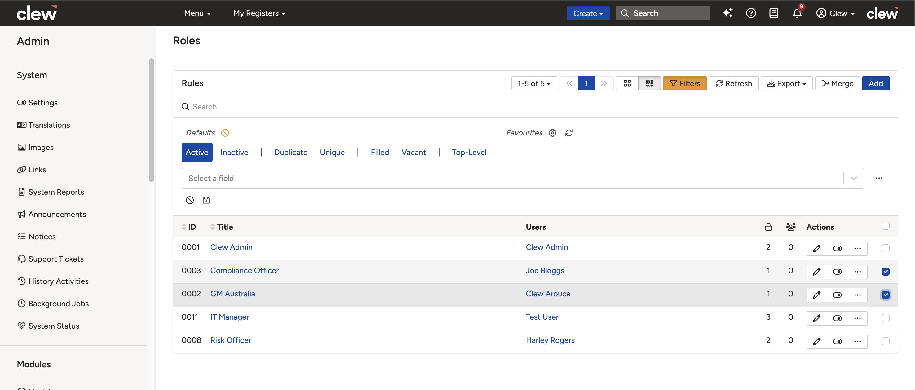 The Roles list showing the filters button and the checkboxes used to select Roles for merging