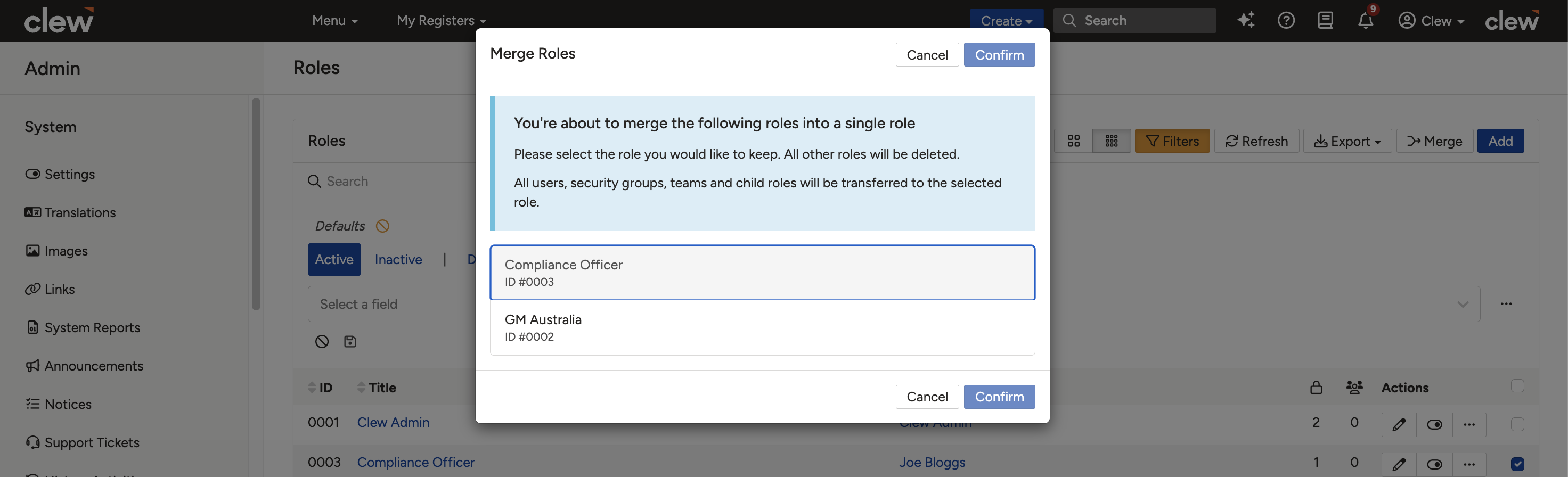 The merge form where you choose the target Role that the selected Roles will merge into