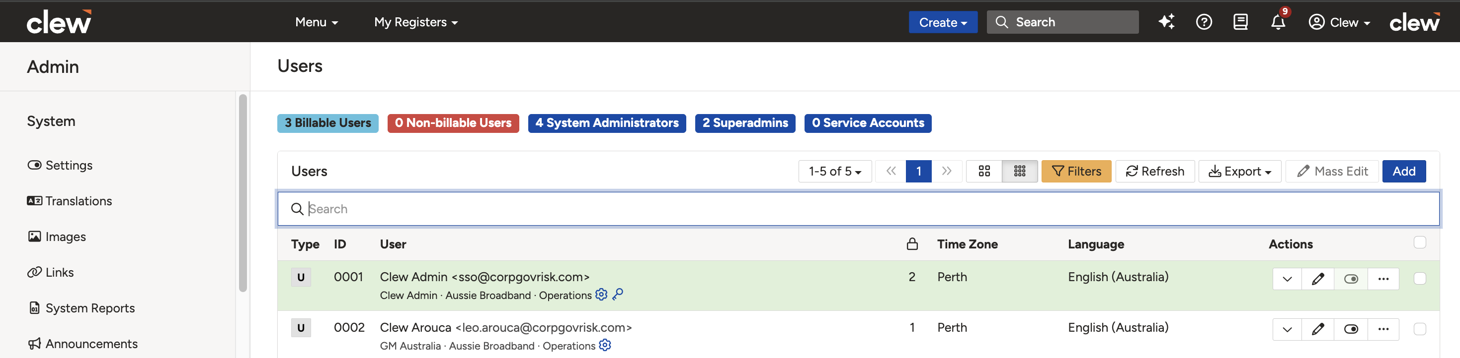 The Users list with the Add button