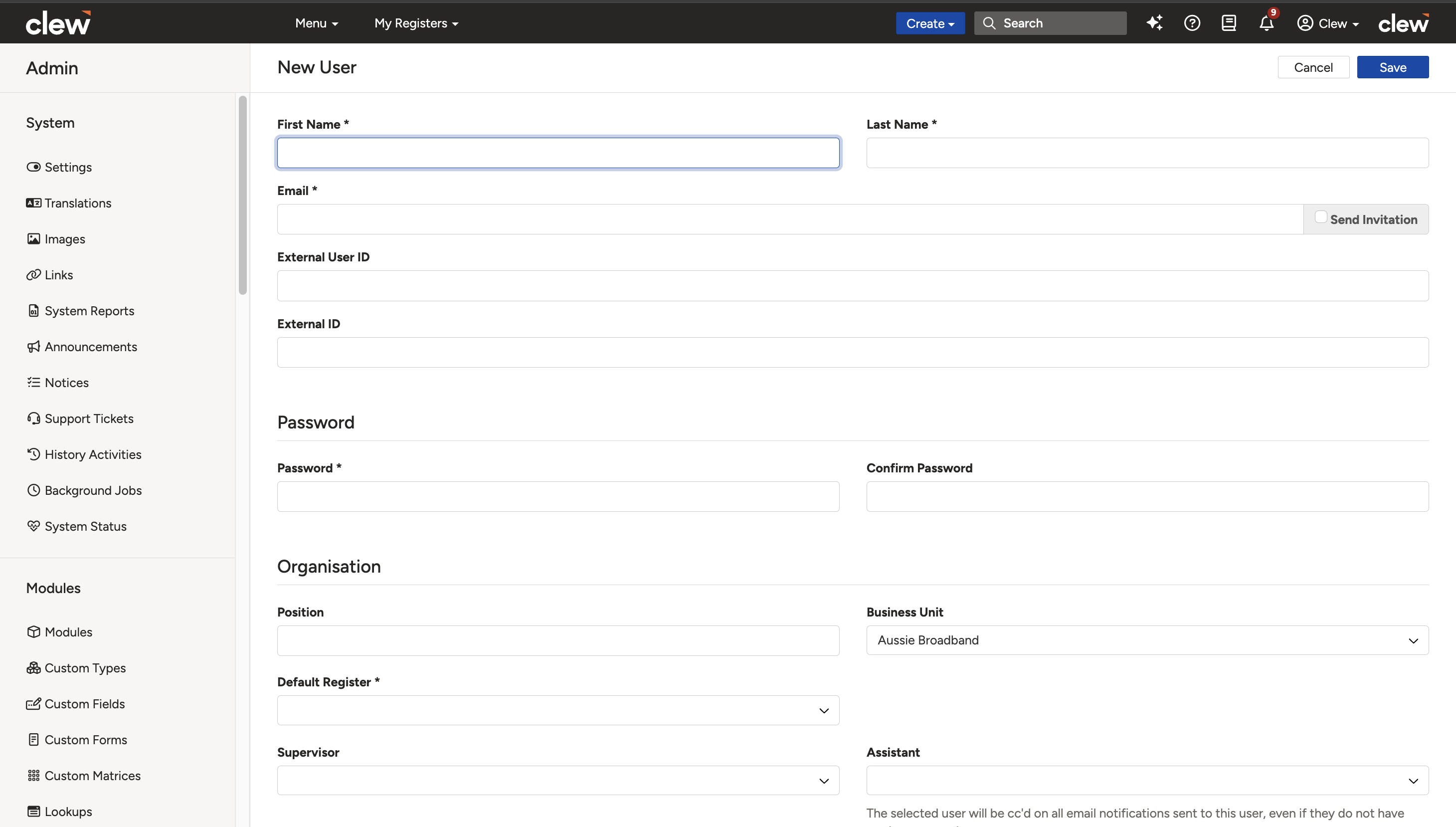 The new user form showing the profile, organisation, security, and settings fields