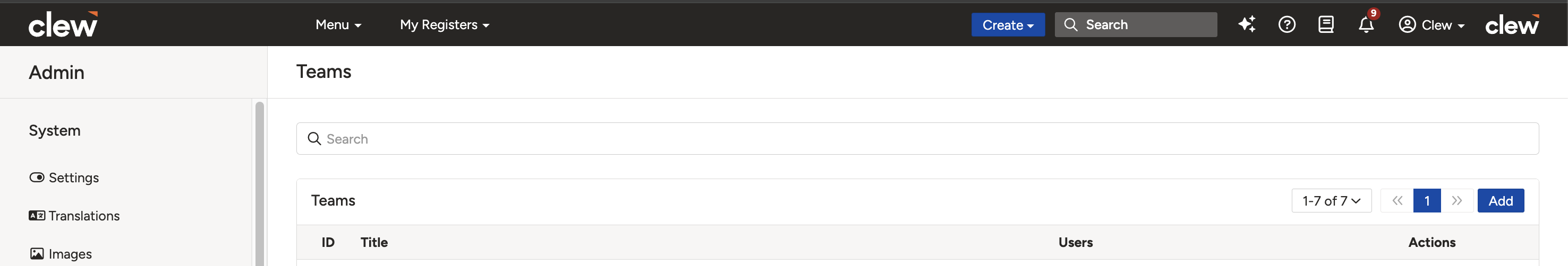 The Teams list in Admin with the Add button at the top-right