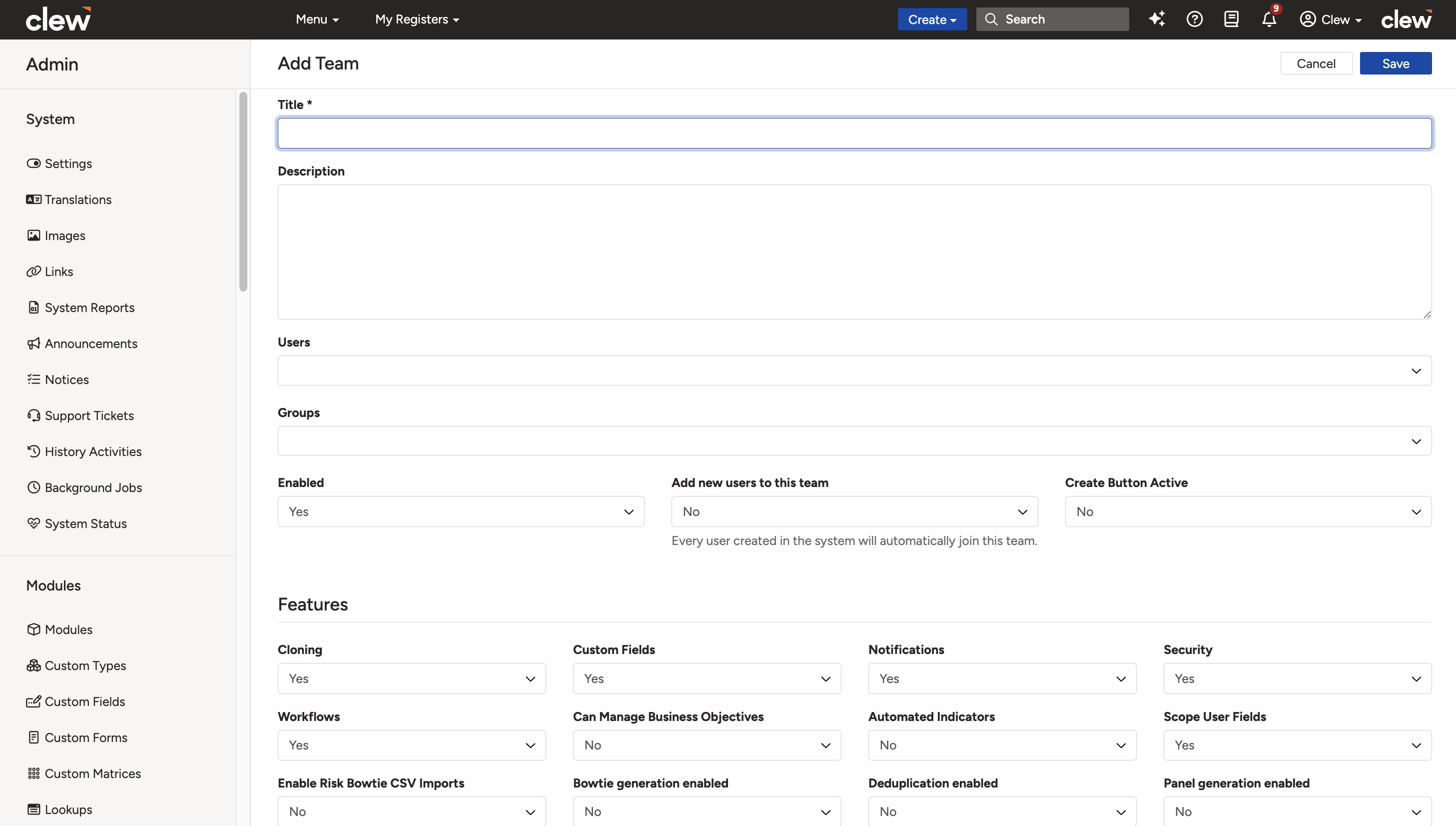 The new team form showing the Title, Description, Users, Groups, and other fields