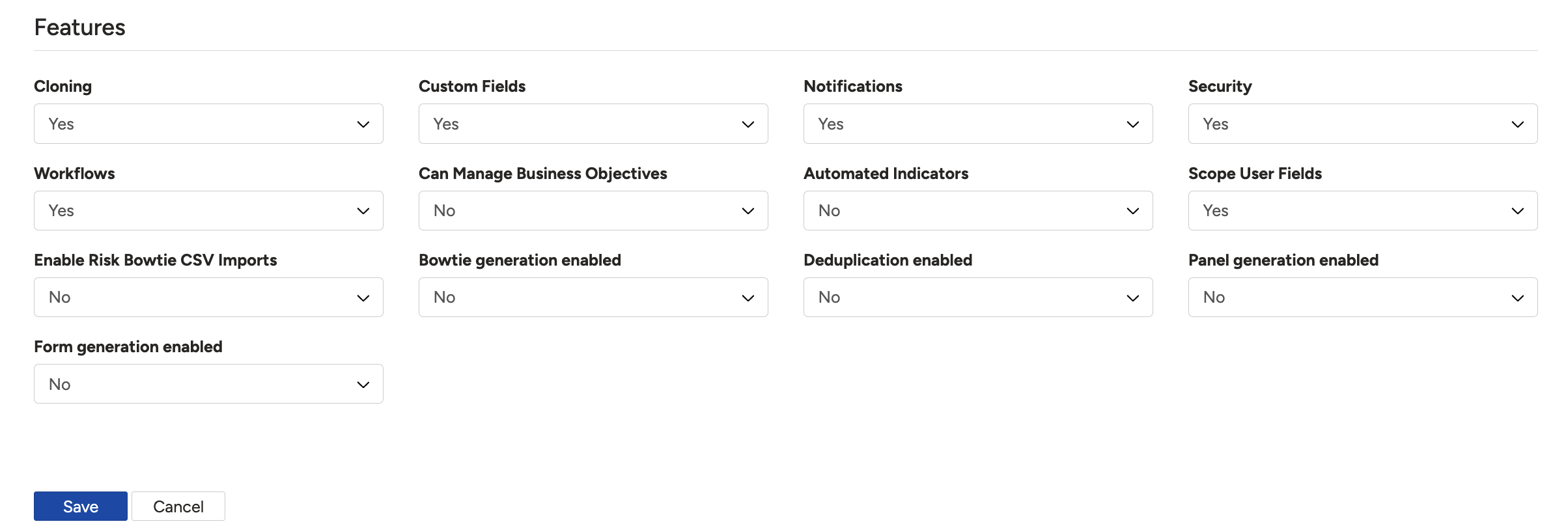 The Features section of the team form showing the advanced feature toggles