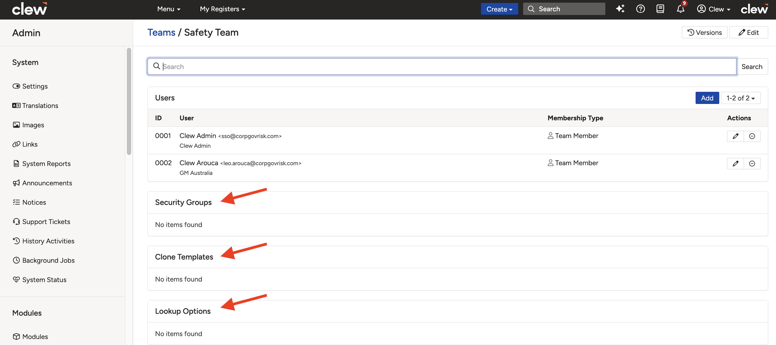 The Team's Detailed View showing the Users, Security Groups, and feature-related sub-panels