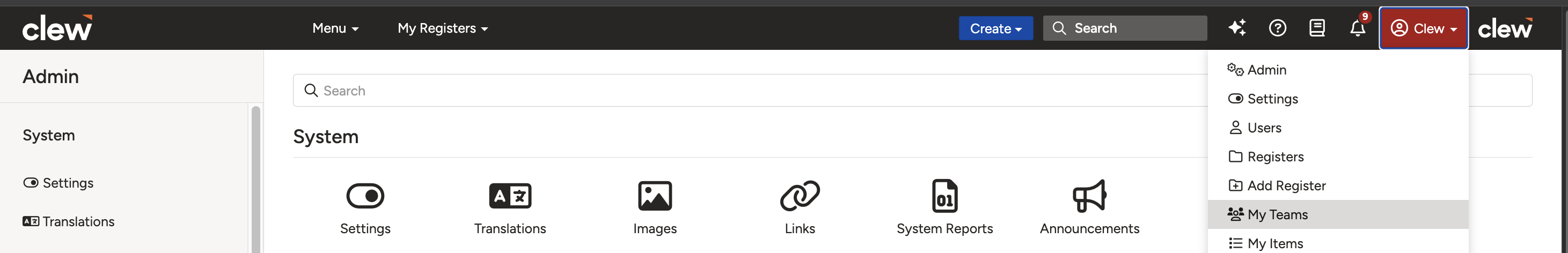 The Username dropdown menu showing the My Teams option
