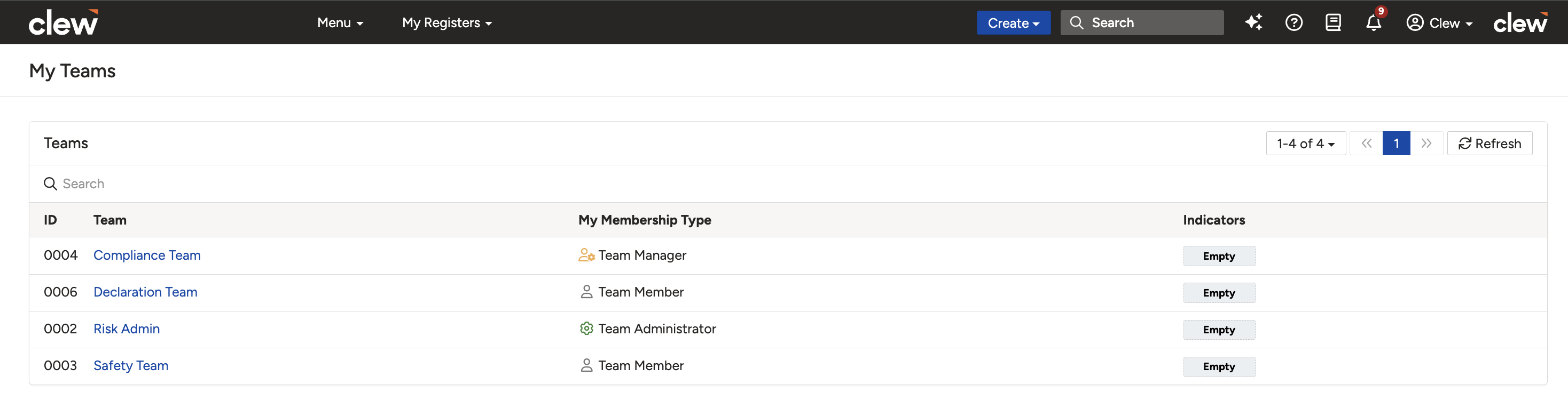 The My Teams page listing the teams a user belongs to and their membership type