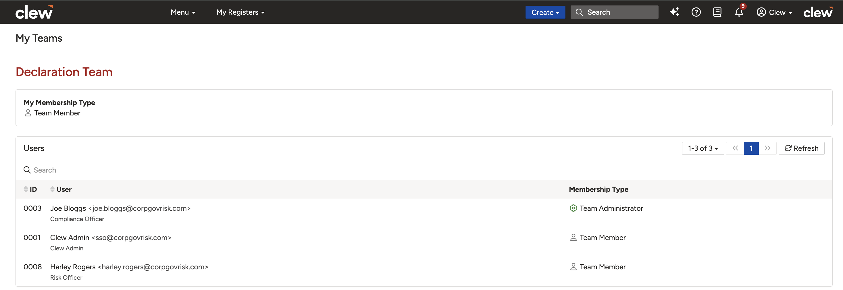 A team record showing the complete list of team members and their membership types