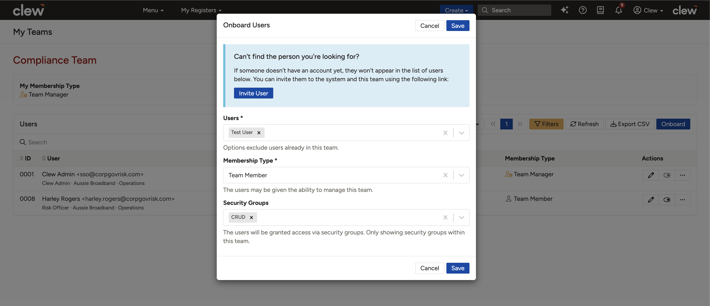 The Onboard form with the user dropdown, security groups, and membership type fields
