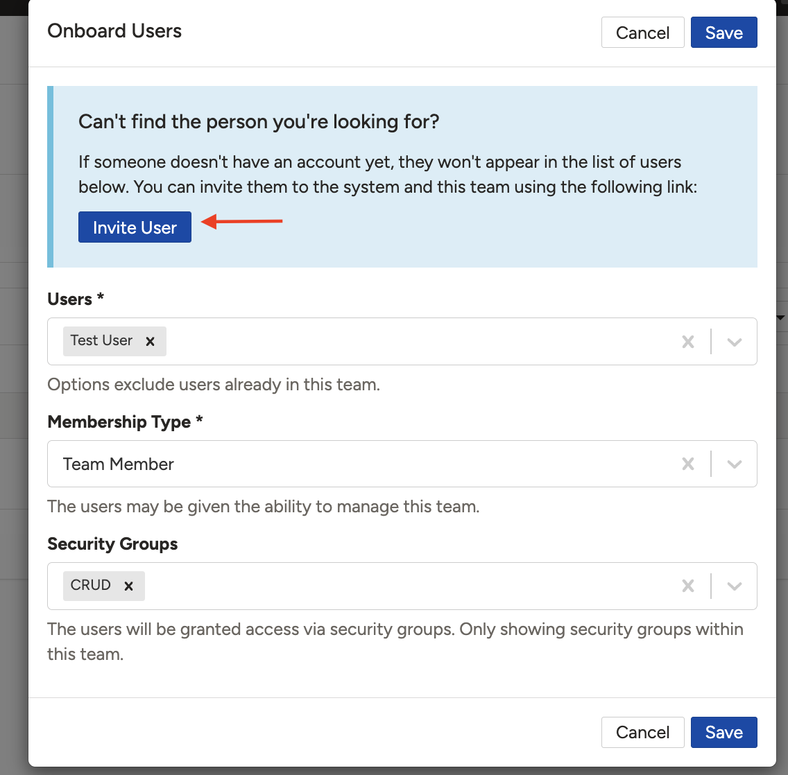 The Invite User form with the Send Invitation option and a pending user shown with an orange clock icon