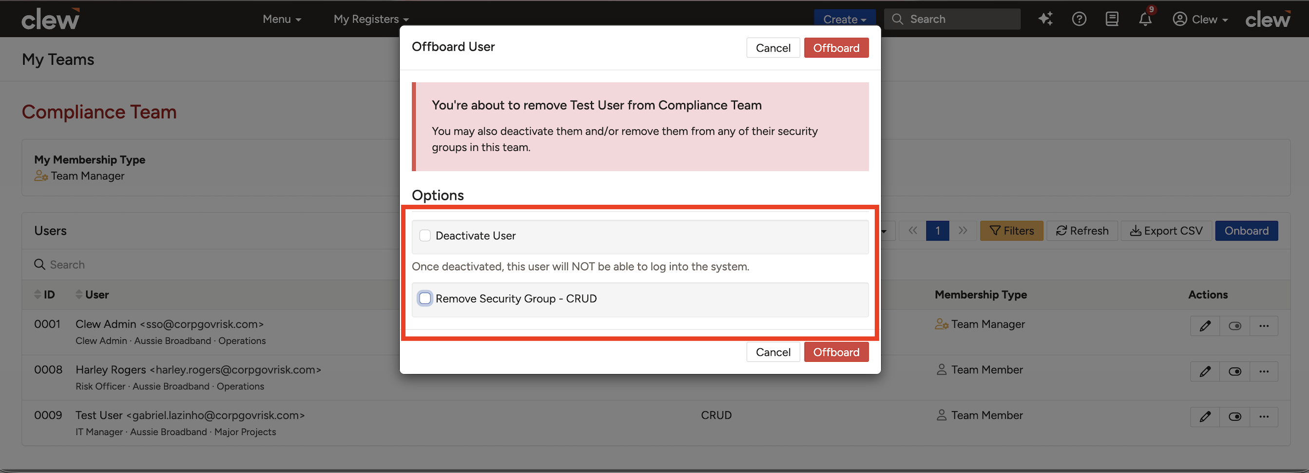The Offboard dialog with options to deactivate the user and delink security groups