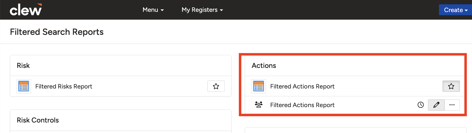 The Manage menu on a saved report template with the Edit option