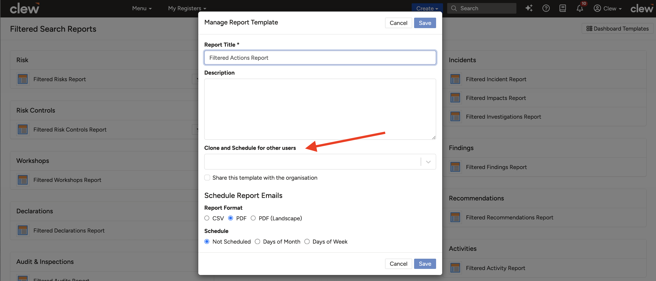 A cloned report template scheduled for another user