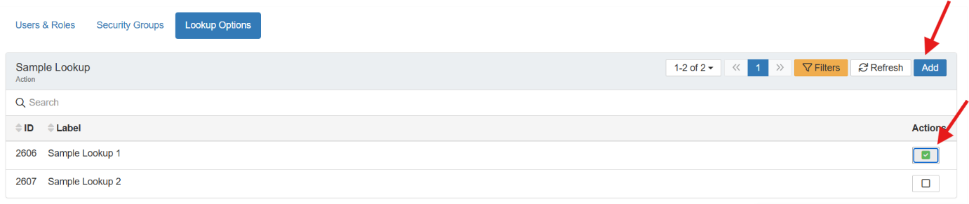 The Lookups tab showing lookup options that can be ticked for the team