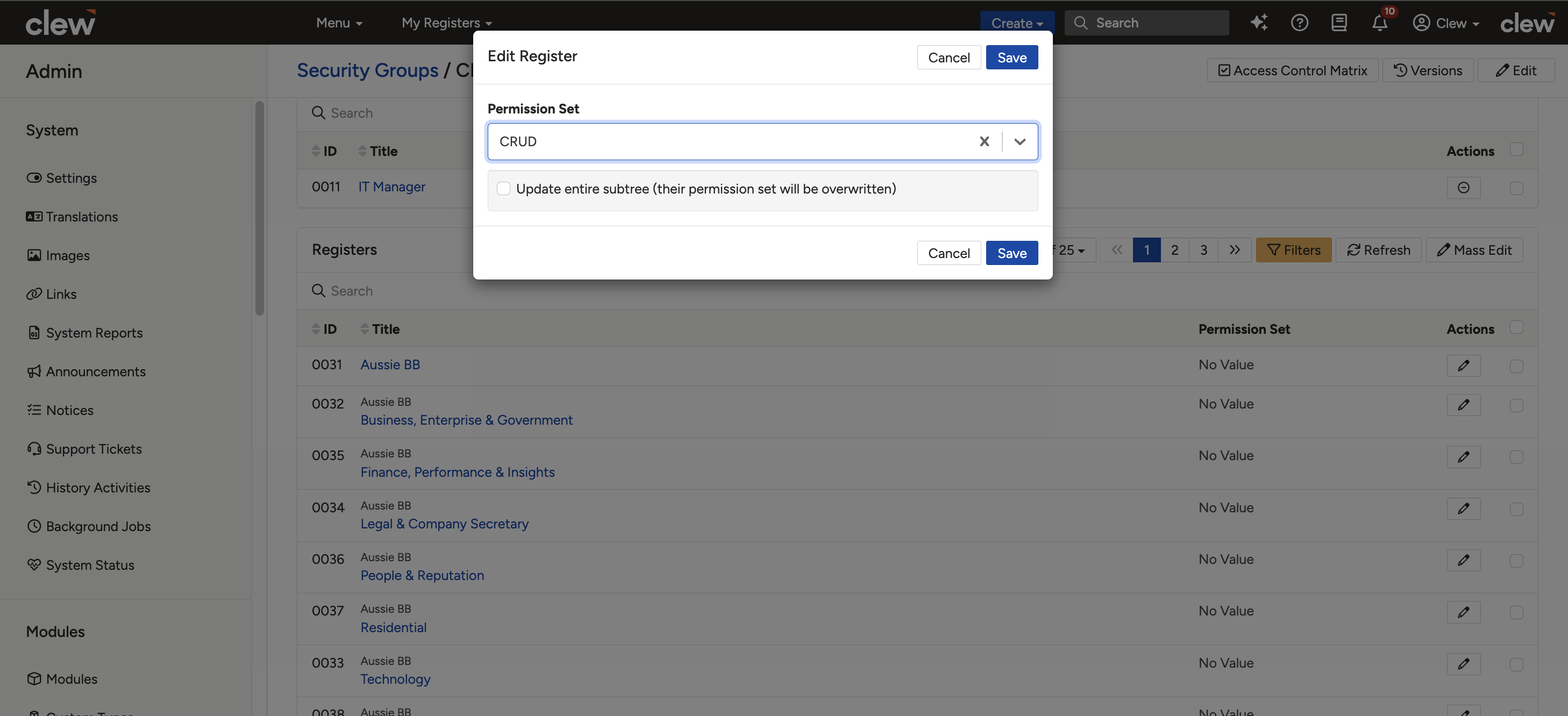 The Register Projects section showing permission set assignment and the update entire subtree option