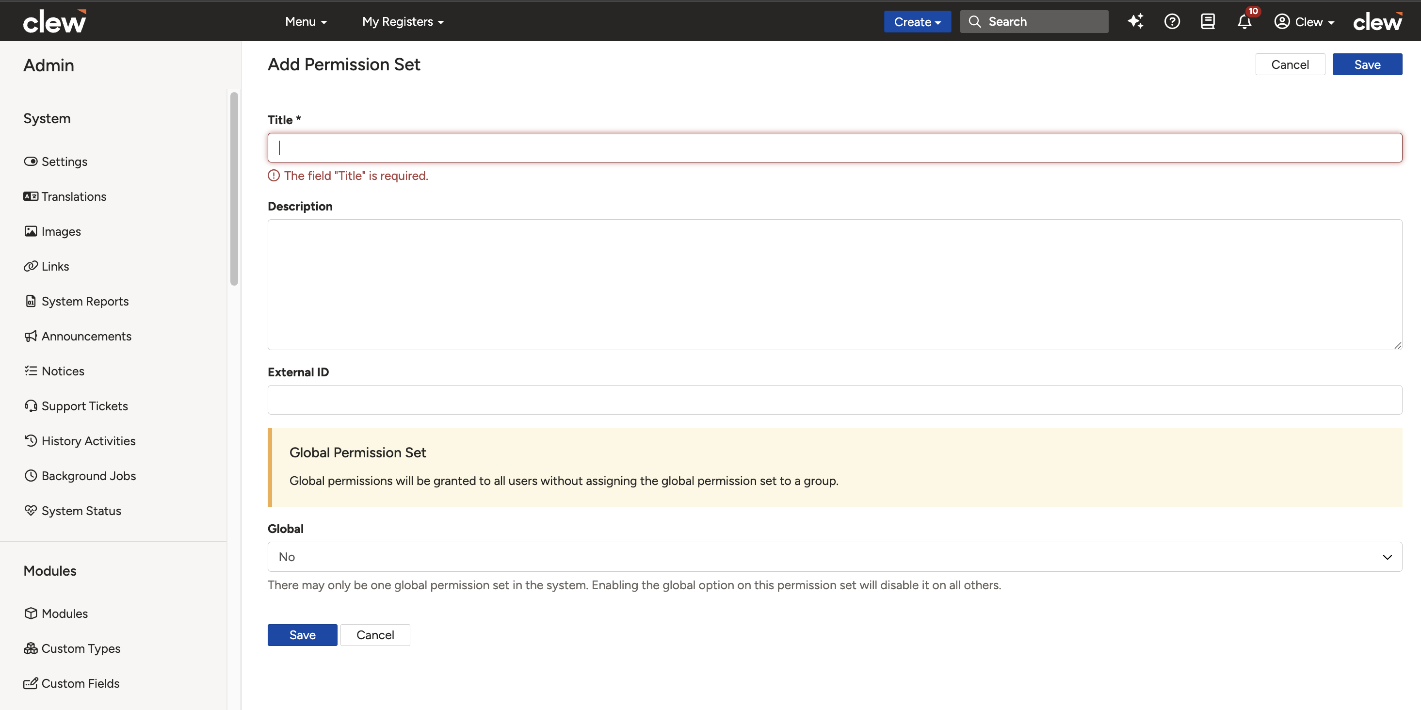 The Permission Sets list with the Add button and existing permission set titles