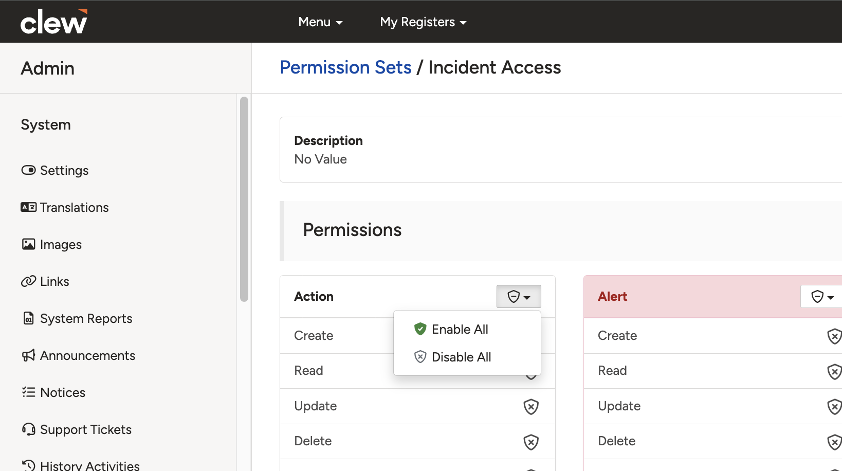 The shield button on a module permission set header used to enable all permissions at once