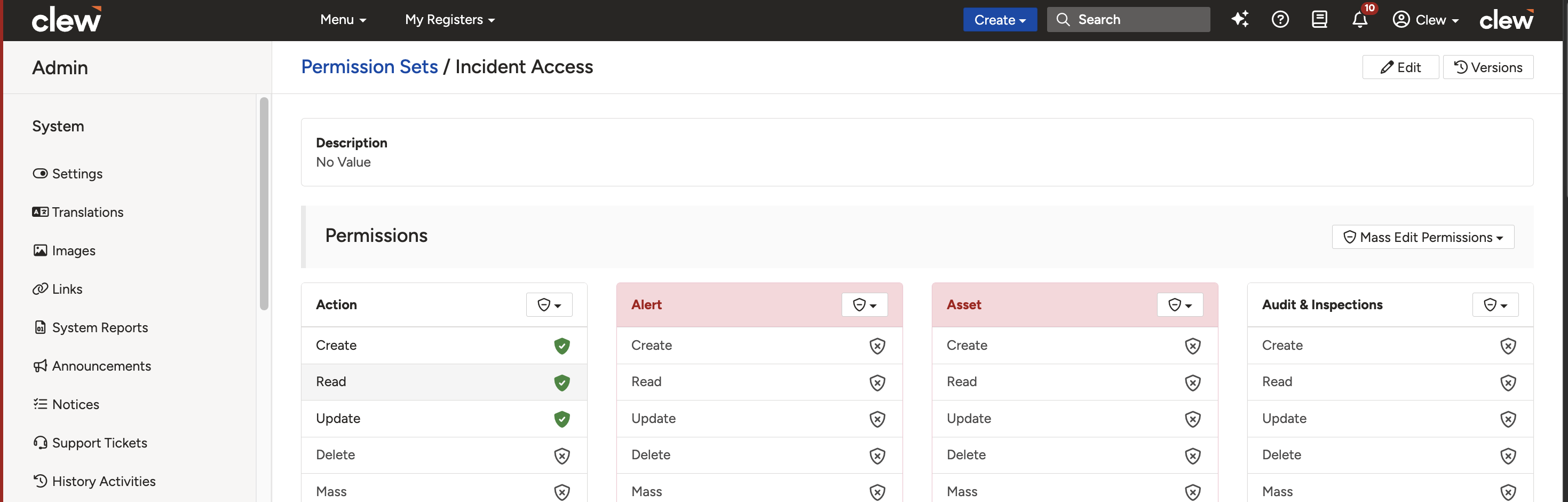 Individual permission shields showing Create, Read, and Update enabled for the Actions module