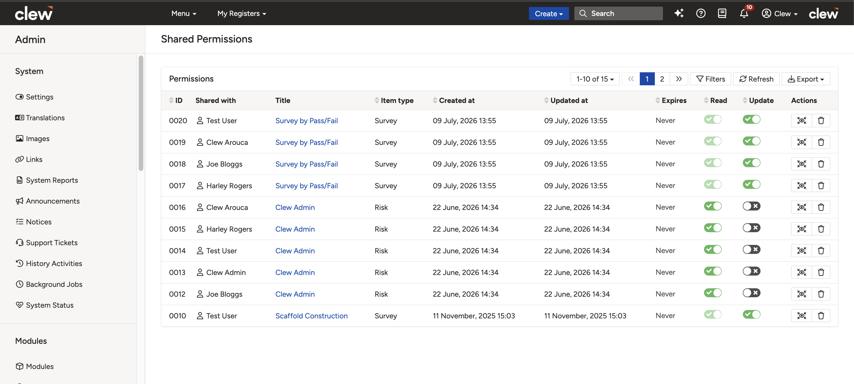 The Shared Permissions page listing records shared with users, teams, and roles