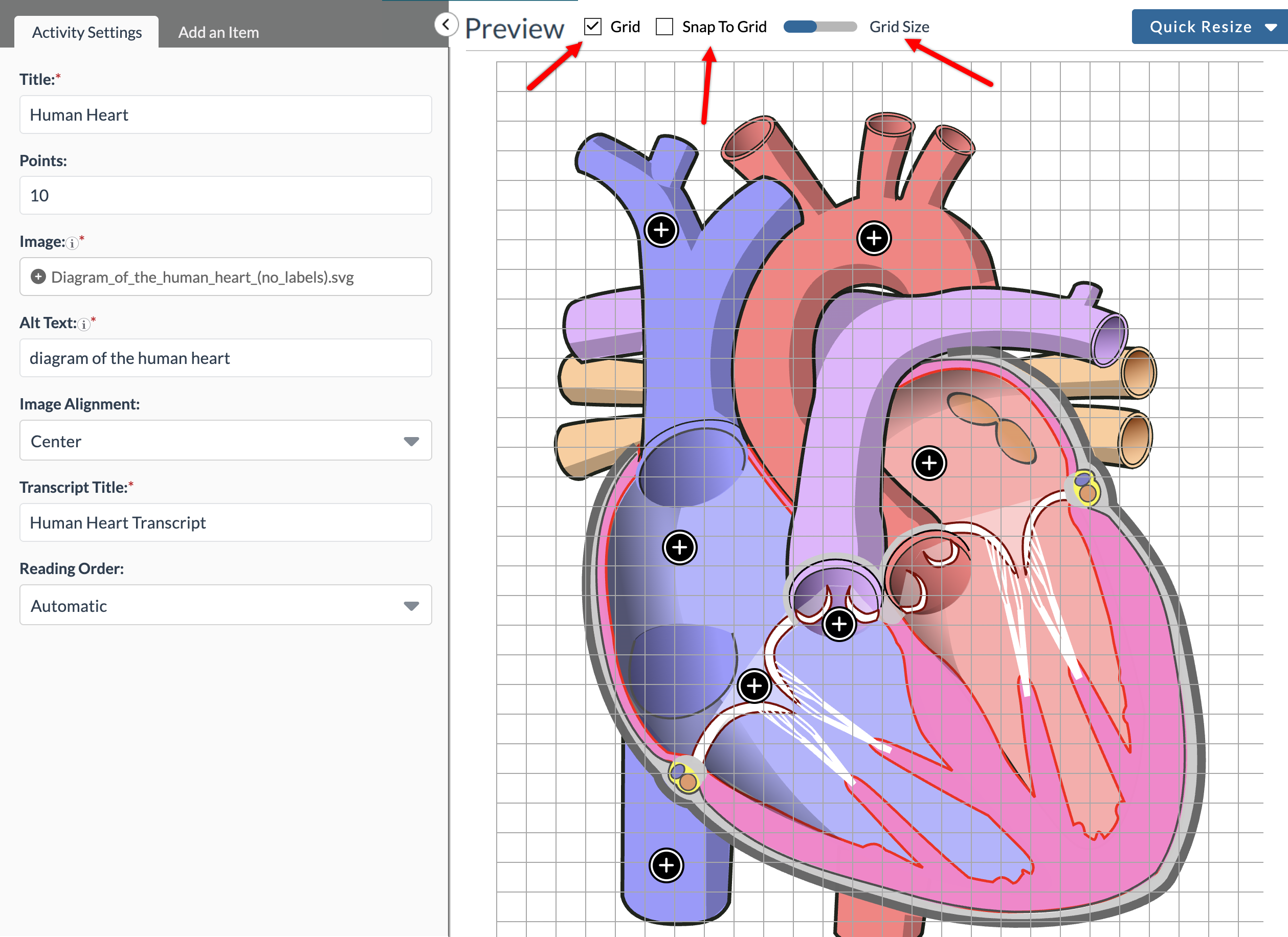 preview pane with arrows higlighting the Grid, Snap to Grid, and Grid Size features