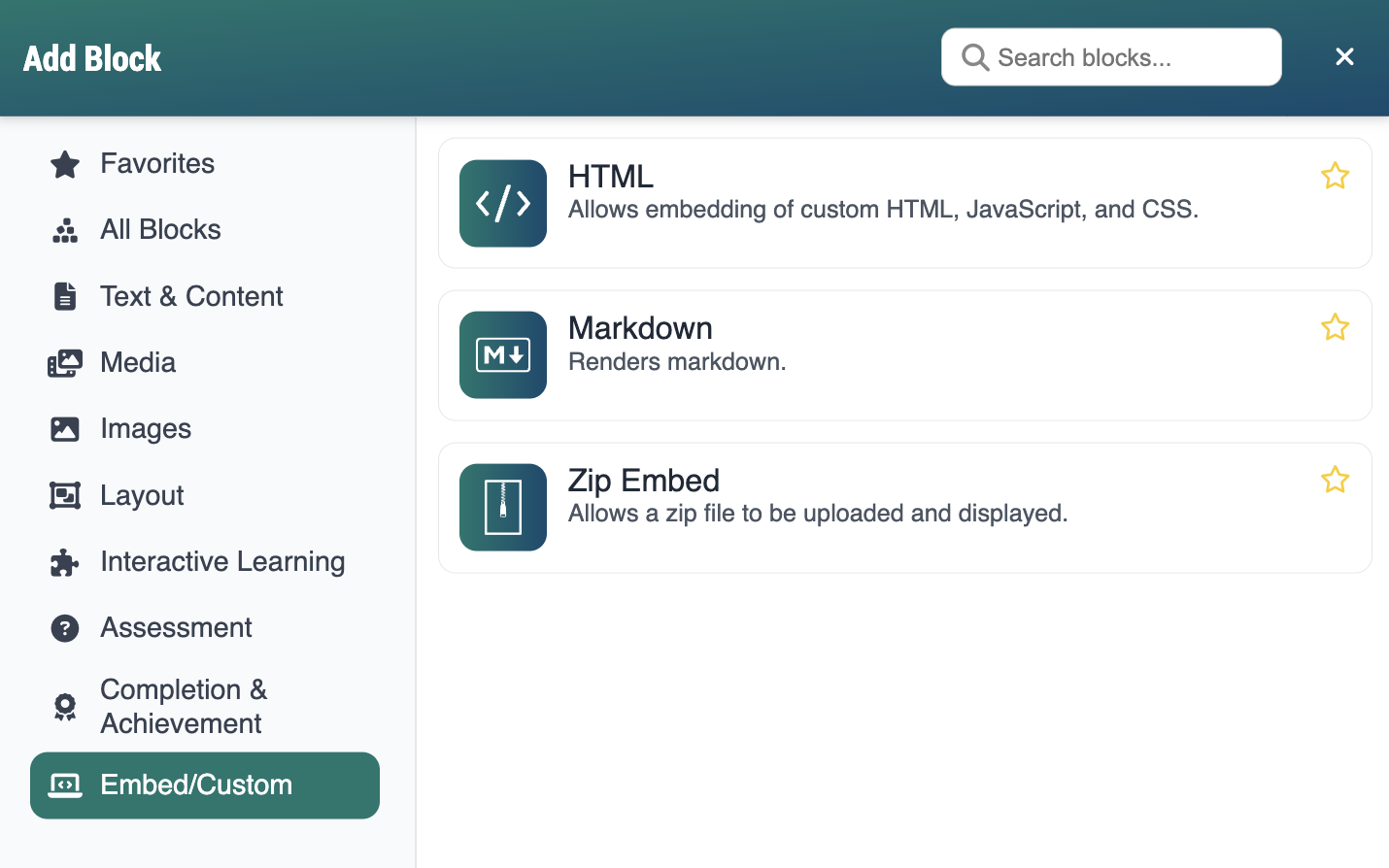 Screenshot of Add Block modal, displaying custom blocks including zip