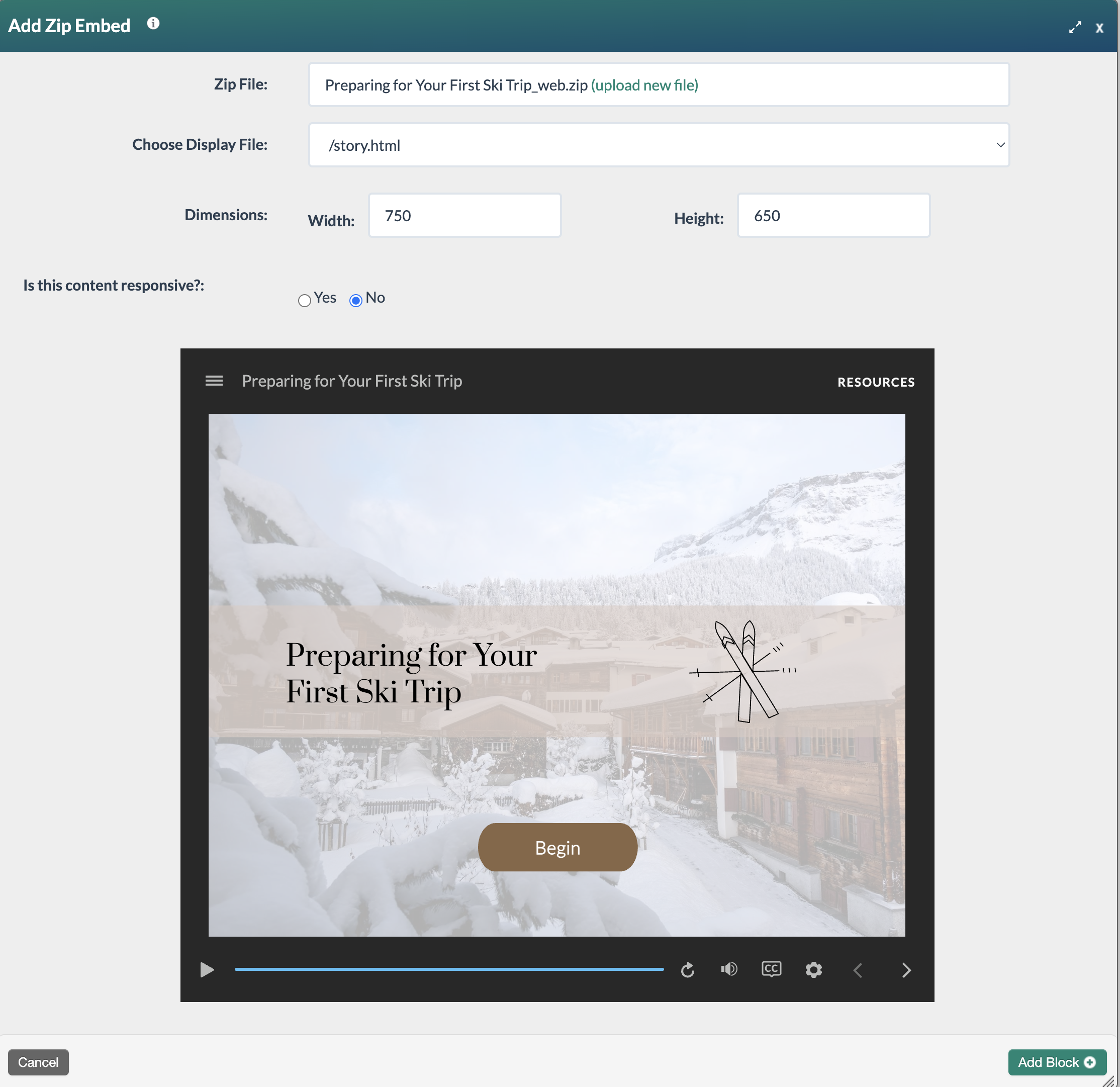 zip embed sample completed form showing a preparing for a ski trip module