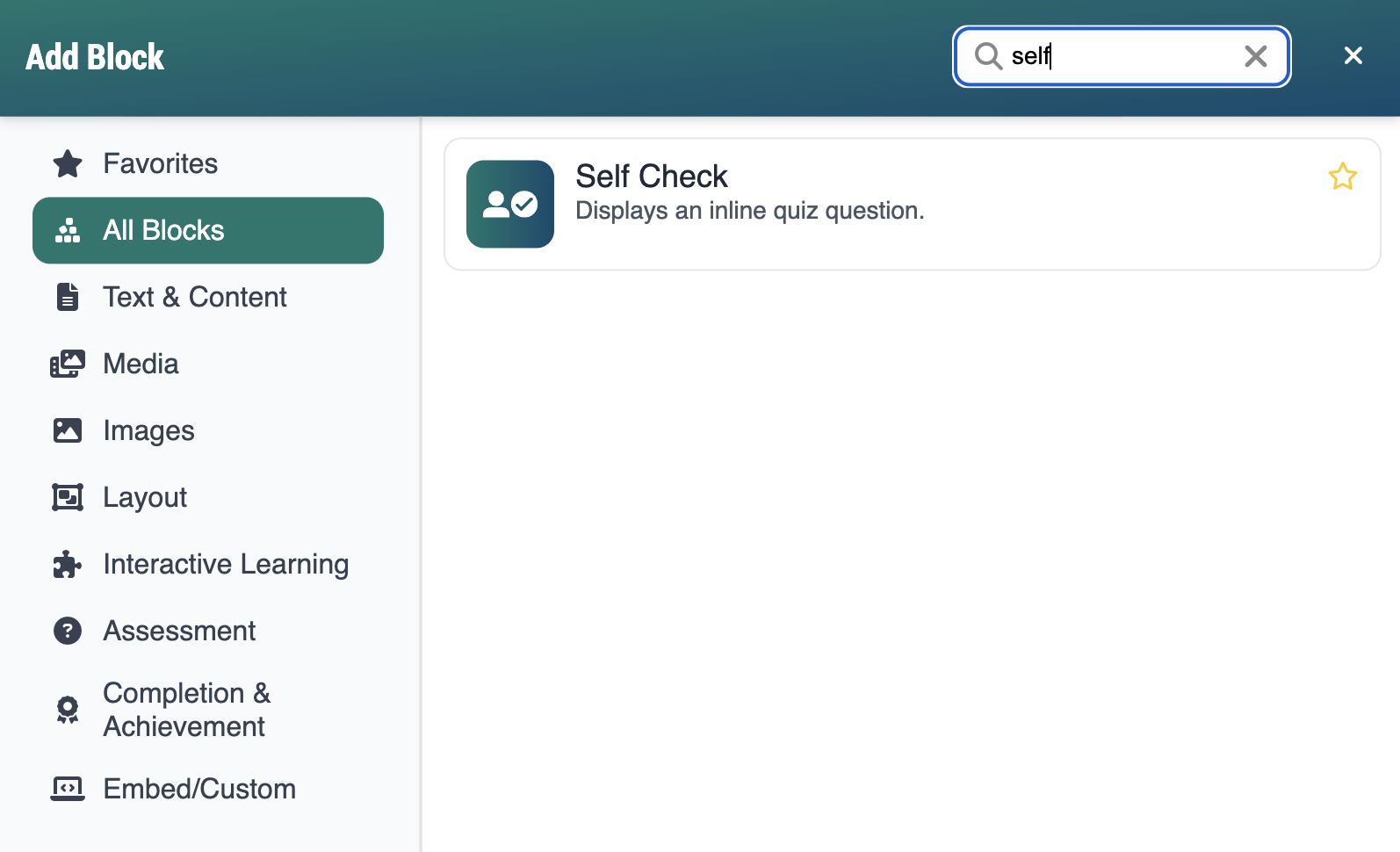 Screenshot of Add Block modal, displaying the self check block