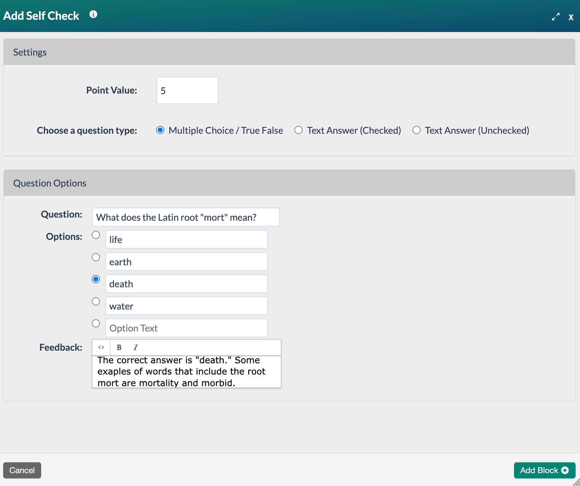 screenshot of a sample multiple choice question about Latin Roots